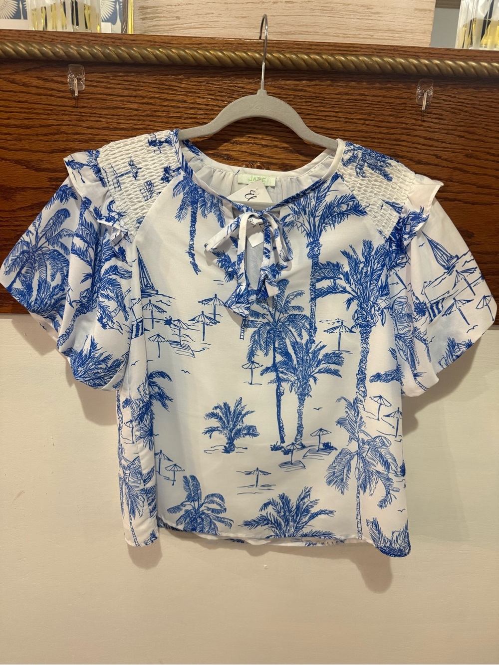 Palm Print Top in Blue and White